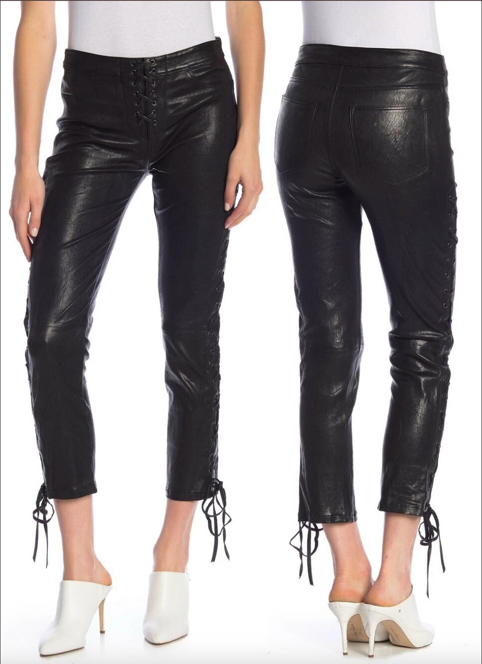 FRAME Lace-Up Cropped Lamb Leather Pants Noir Black Size 24